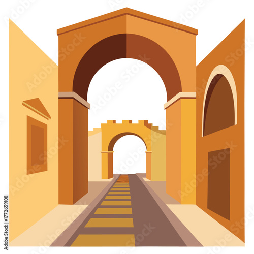 Arched gateway leading to a sunlit courtyard in an old city