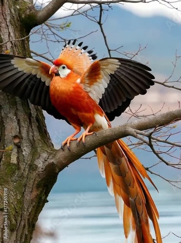 A beautiful, orange and white crested bird is perched on a thick tree branch overlooking a peaceful body of water and distant landscape. The bird flaps its wings slightly and dips its head, showcasing