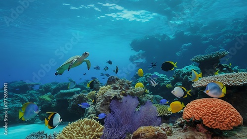 Fototapeta Naklejka Na Ścianę i Meble -   underwater background with coral reef and sea creatures.