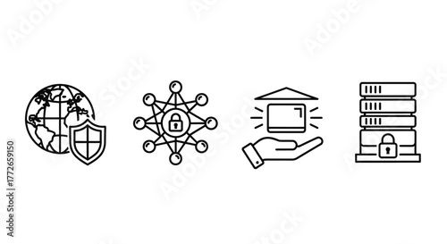 Digital security icons global network blockchain property server data protection concepts represented by line art drawings vector
