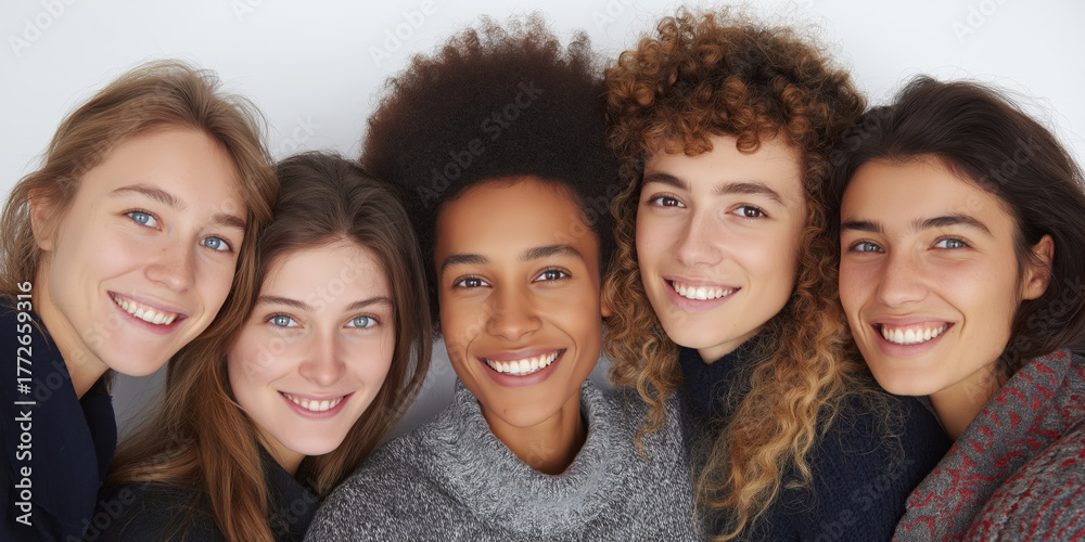 Fototapeta premium Smiling Group of Diverse Women Posing Together in Bright Setting
