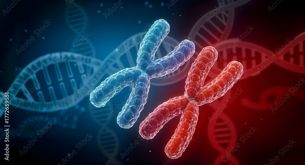 Obraz premium Human chromosomes X and Y beside DNA strand, genetic inheritance and biotechnology concept, 3d render