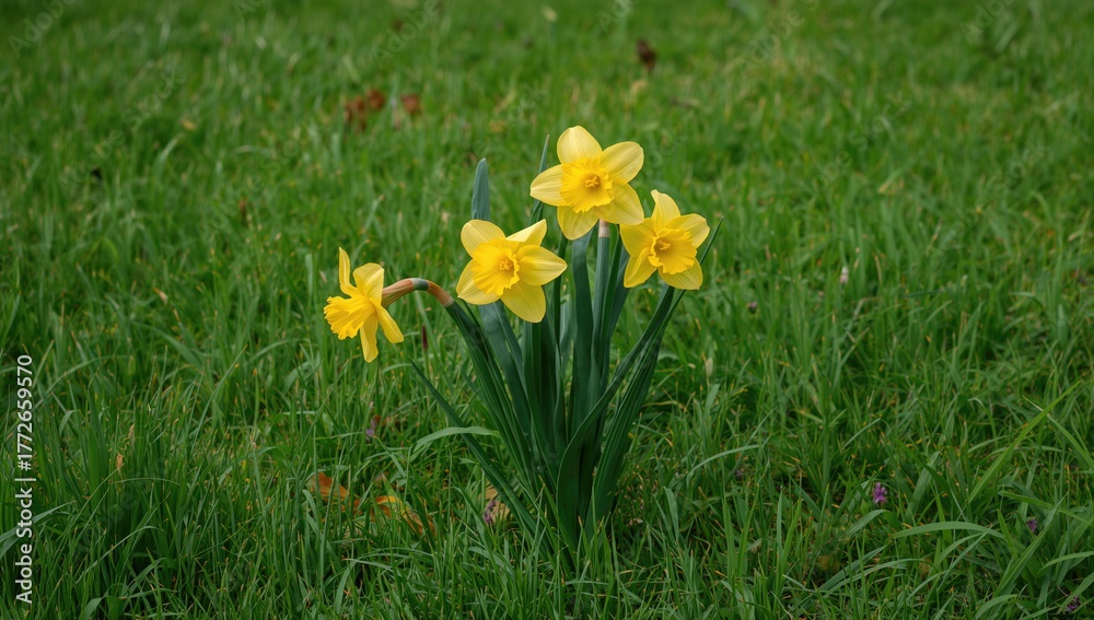 Fototapeta premium As spring arrives, daffodils blossom among the lush green grass, providing a vibrant display of color in the landscape, seasonal change