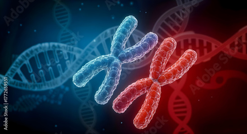 Human chromosomes X and Y beside DNA strand, genetic inheritance and biotechnology concept, 3d render