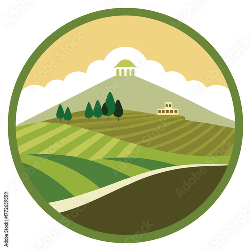 Rolling green hills with a temple on a summit