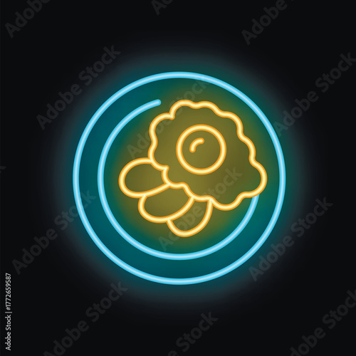 Bright neon sign showing stylized fried eggs on a plate, glowing on a black background
