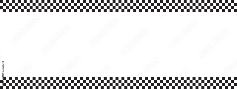 Naklejka premium Top and bottom borders with checkered print and blank space for text. Police, taxi, chess game or rally sport car competition background. Black and white squares pattern. Vector graphic illustration