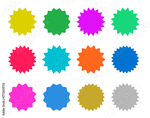 Price or sale sticker set. Set of red sunburst badges. Sale quality tags and labels. Template banner shopping badges. 