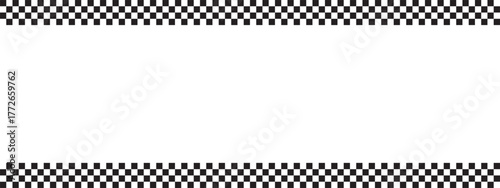 Top and bottom borders with checkered print and blank space for text. Police, taxi, chess game or rally sport car competition background. Black and white squares pattern. Vector graphic illustration