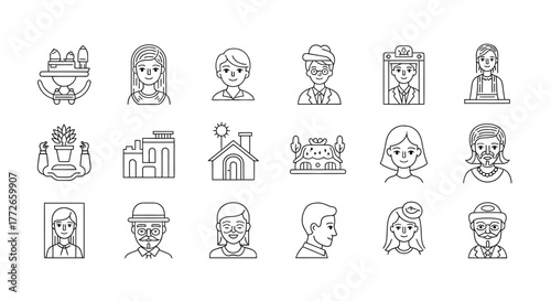 Collection of hand drawn sketch style characters and icons for creative projects vector
