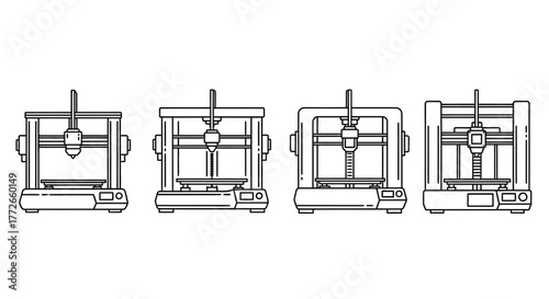 Four line drawing views of a 3d printer machine technology innovation vector