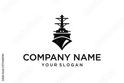 Front View Black and White Naval Ship Logo Design with Superstructure