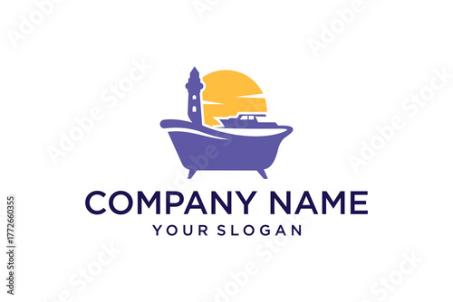 Abstract Logo Design featuring Bathtub with Lighthouse, Boat, and Sun for Travel and Relaxation