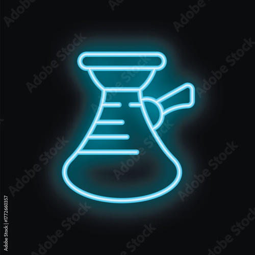 Blue neon sign of traditional coffee pot glowing on black background