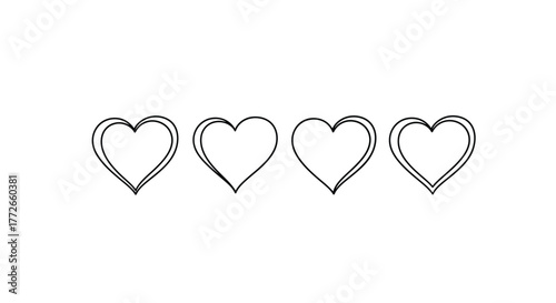 Four hand drawn sketchy heart shapes displayed in a row for love and affection vector