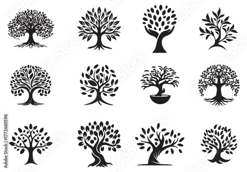 Set of Tree of Life Icons Representing Growth, Nature, and Spiritual Connection