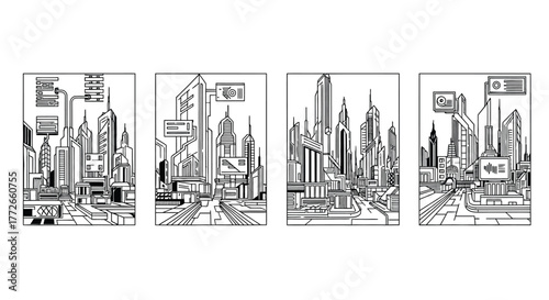 Four black and white artistic interpretations of a bustling cityscape with skyscrapers and streets vector