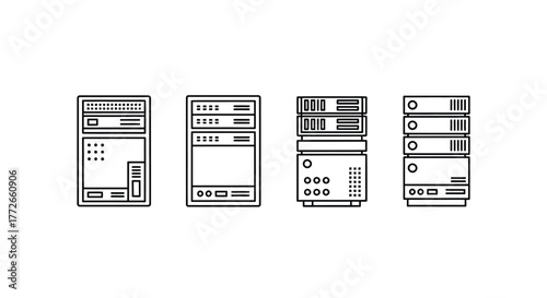 Set of four retro computer server rack units with vintage technology detailing line art style vector