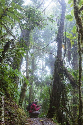 Man hiking in Monteverde Cloud forest, Costa Rica