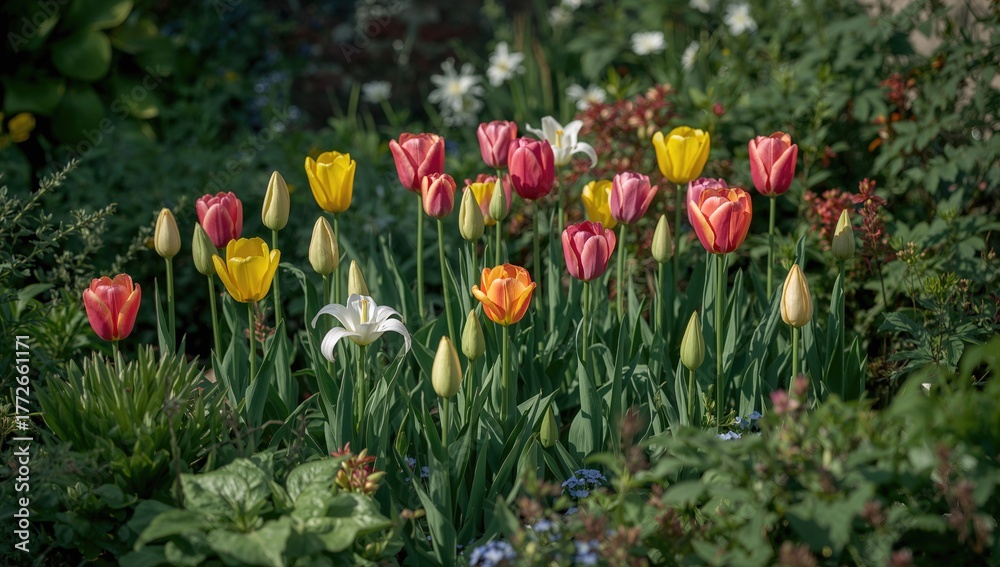 Obraz premium Blooming Tulips Flourish in the Garden, Spring Gardening, Outdoor Theme Background