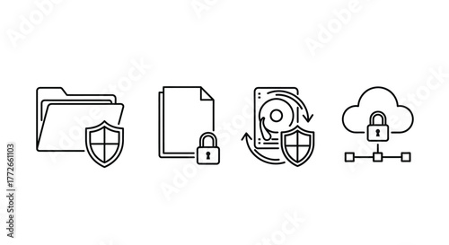 Digital security icons representing file folder protection cloud storage and data access vector