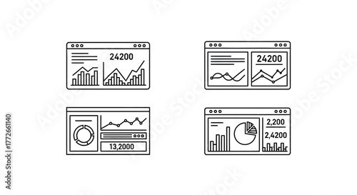 Hand drawn business dashboard elements set featuring graphs charts and data visualizations vector