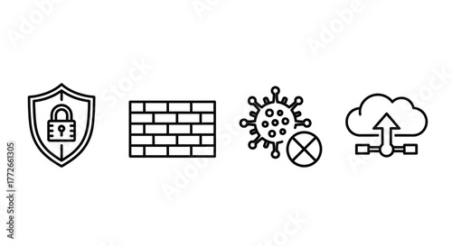 Cybersecurity and cloud security icons firewall antivirus network shield and data upload concept vector