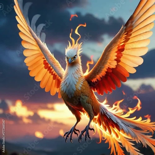 A fiery orange and white bird resembling a phoenix, with flames visible on its tail and head crest, hovers dramatically in the air against a backdrop of a warm sunset over mountains. Its massive wings