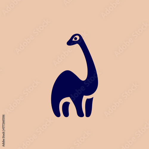 Cute minimalist long-necked dinosaur illustration in dark blue on a light pastel background. Simple graphic design for children and prehistoric themes.
