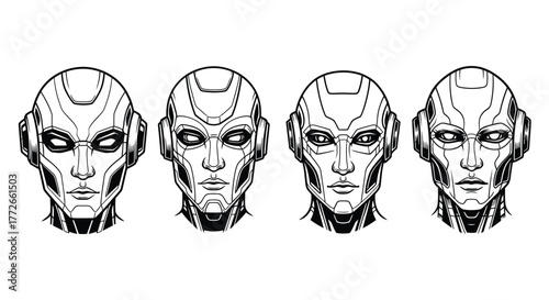 Four distinct futuristic robot heads in detailed line art style scientific design concepts vector