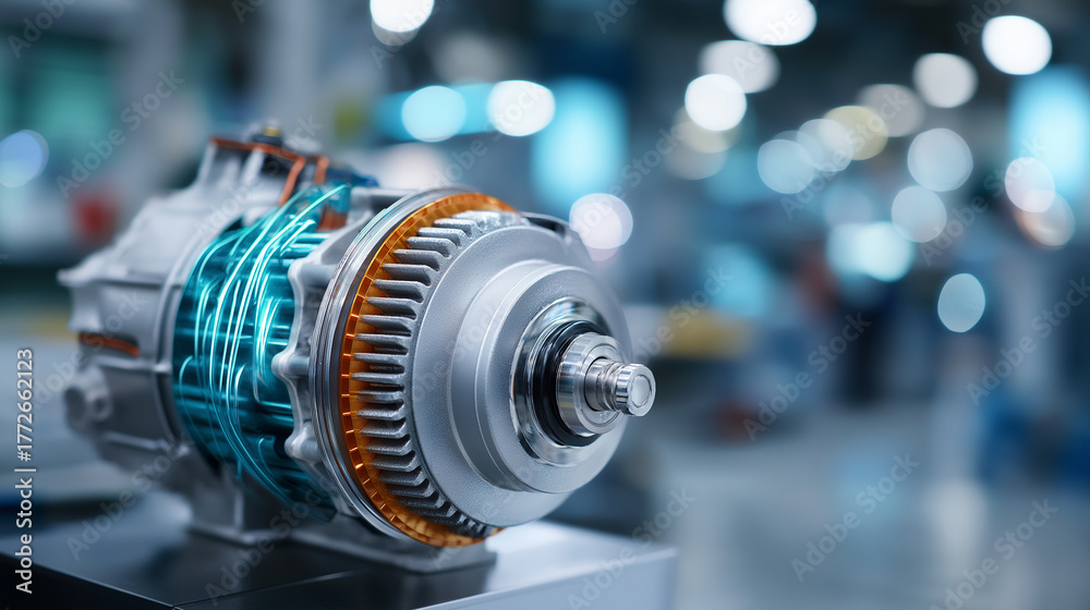 Fototapeta premium Electric system of eco car engine automotive part concept EV motor technology vehicle electrical system green automotive engineering sustainable car component with copy space