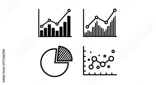 Hand drawn bar charts pie chart and scatter plot icons representing data analysis and growth vector