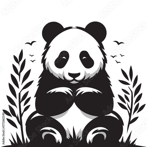 Cute Black and White Panda Vector Illustration. Minimalist and adorable panda sitting among bamboo leaves and birds. Perfect graphic for wildlife, nature, and kids' design.