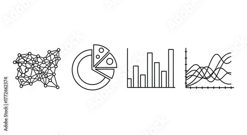 Business data analysis icons visualizing growth trends and market insights with charts vector