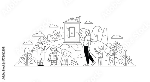 Art gallery visitors admiring diverse sculptures and paintings in a modern exhibition space vector