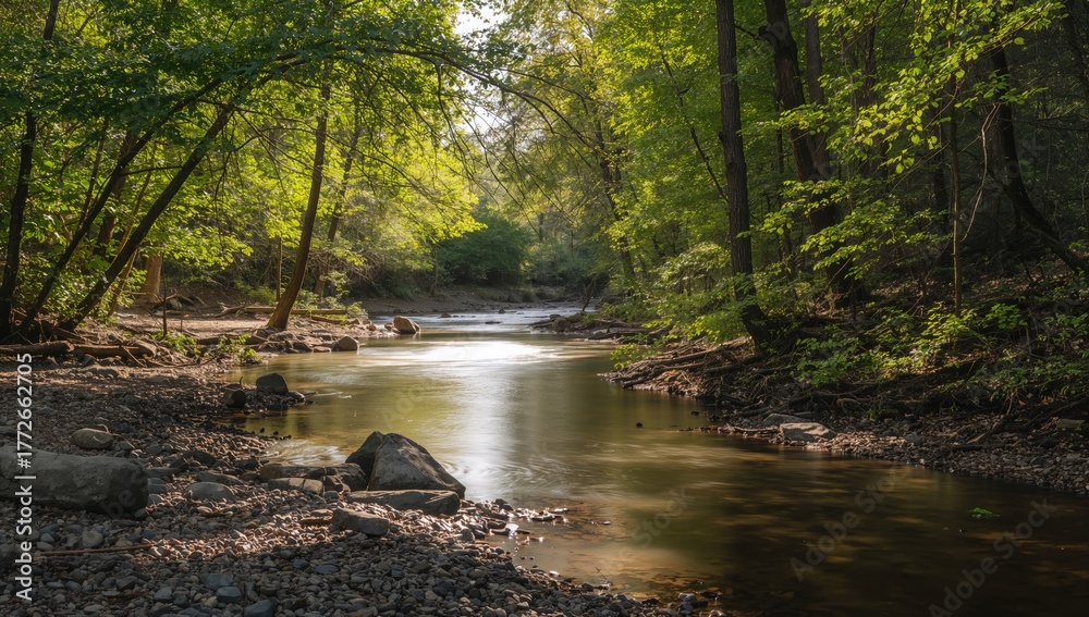 Fototapeta premium Creek flowing through a lush forest, showcasing seasonal change