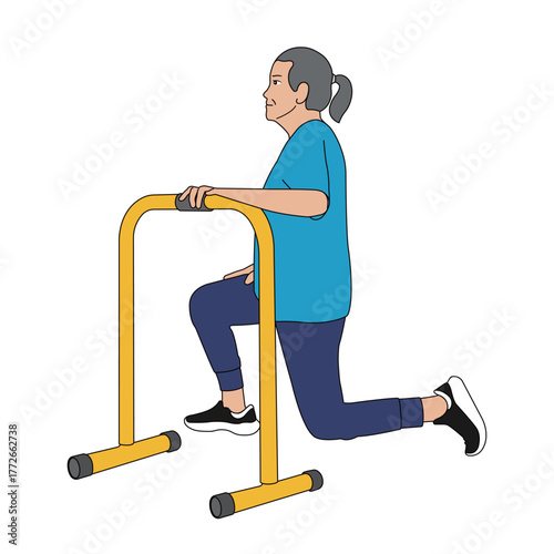 Senior Woman Assisted Lunge Exercise with Parallel Bars — Elderly Leg Training Vector Diagram for Mobility, Balance, Fall Prevention, and Physical Therapy