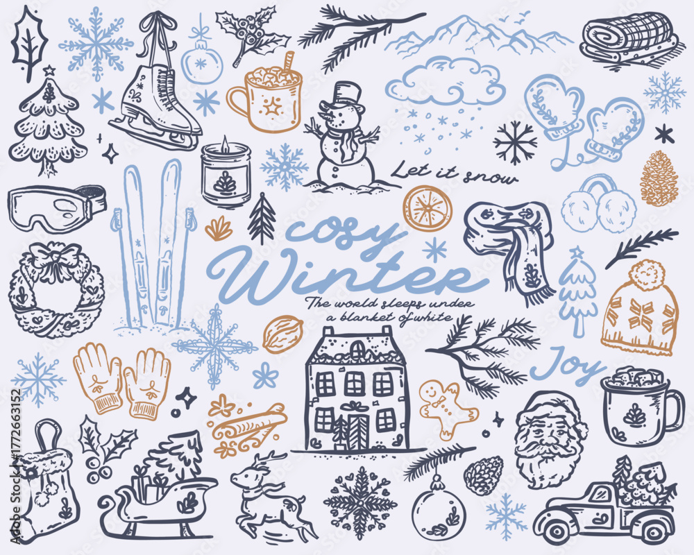 Naklejka premium Beauitful cosy set of hand drawn vector winter whimsical illustrations