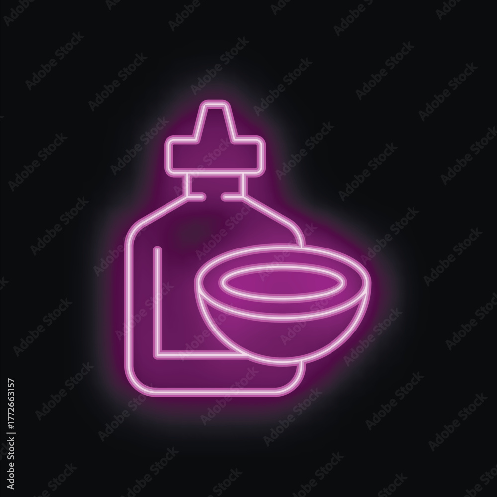 Obraz premium Neon sign depicting coconut oil, shining in vibrant purple, ideal for businesses offering hair and skincare treatments
