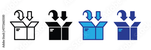 Set of four icons representing package delivery and unboxing, isolated on white background