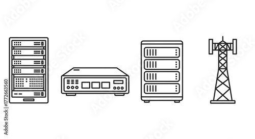 Network server racks router and cellular tower icon set in outline style for technology concept vector