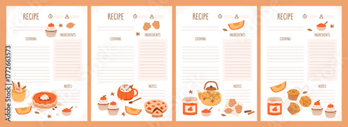 Cozy autumn recipe sheet vector set with pumpkin desserts, cocoa mugs, and rustic bakery details. Perfect printable template for cookbooks, planners, and seasonal journaling.