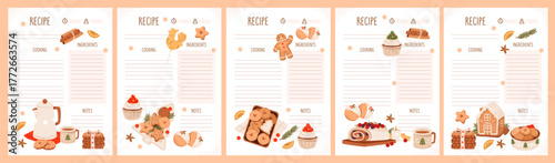 Christmas recipe sheets and meal planner pages for cozy holiday cooking and baking. Perfect for cookbook pages, or recipe cards.