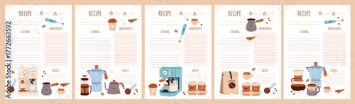 Coffee recipe sheets with espresso cups, beans, and barista tools. Perfect for cafes, menu designs, recipe cards, or planner pages.