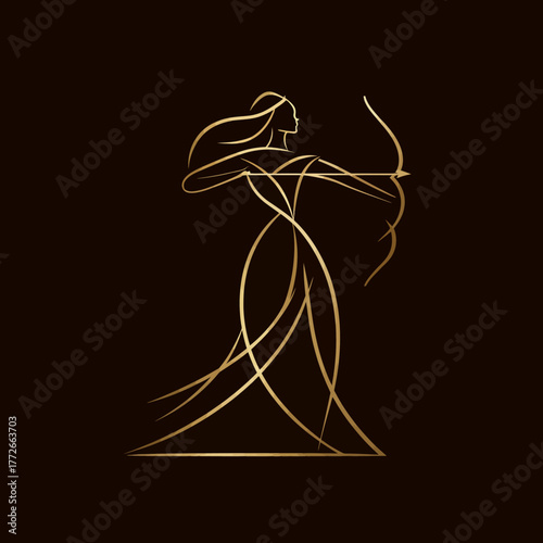 Elegant gold line art of a female archer with a bow and arrow, stylized warrior woman illustration on a dark background.