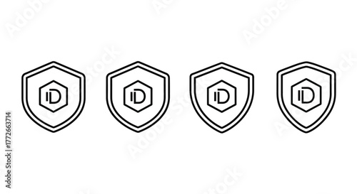 Set of four stylized shield icons with inner hexagon and letter d symbol vector