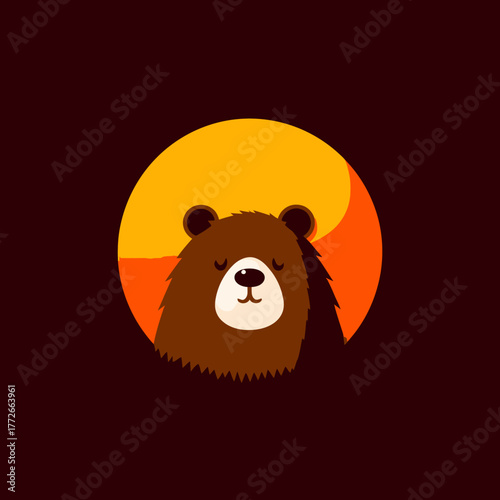 Cute cartoon bear icon, sleepy brown grizzly in a warm sunset circle. Adorable vector illustration for nature, wilderness, and wildlife designs.