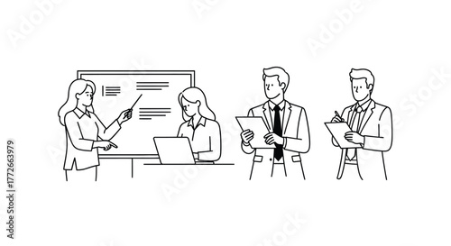 Business team collaboration meeting presentation strategy discussion and planning with whiteboard and notes vector