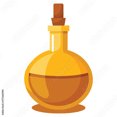 Golden potion in a round glass bottle with cork stopper