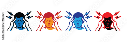 Four men with hands on their temples, illustrating pain and stress, isolated on white background